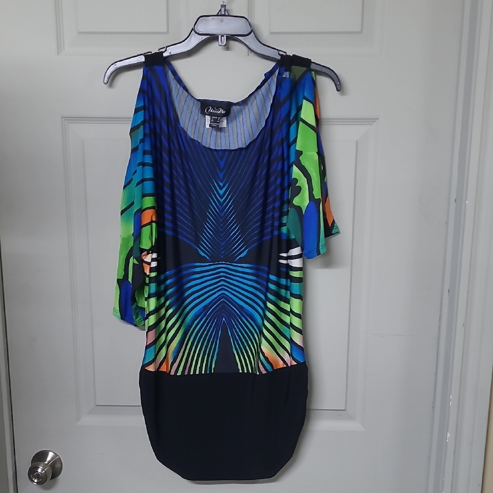 NueVa Women's Dolman Peek-A-Boo Sleeve Blue/Lime/Black Tunic Wide Rushed Band 14
